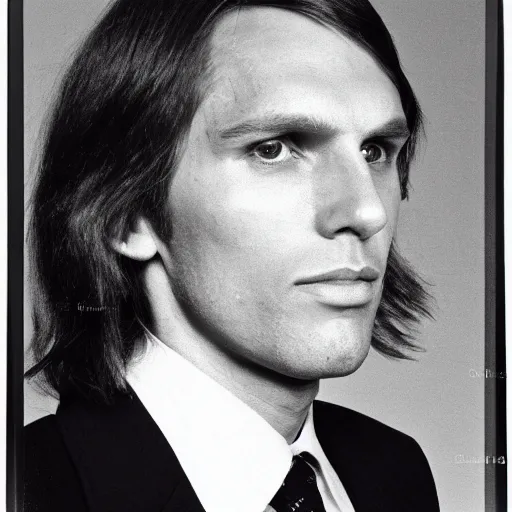 Image similar to A photograph portrait of Jerma985 with medium length wavy hair, a combover and wearing late 1970s popped collared menswear in the late 1970s, taken in the late 1970s, grainy, taken on a 1970s Polaroid Camera, realistic, hyperrealistic, very realistic, highly detailed, very detailed, extremely detailed, detailed, digital art, trending on artstation, front facing, front view, headshot and bodyshot, detailed face, very detailed face