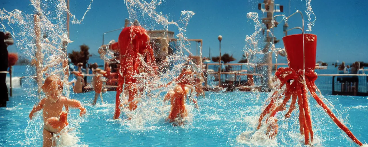 Prompt: shame at sea world playing with spaghetti, water splashing,, small details, intricate, sharply focused, canon 5 0 mm, wes anderson film, kodachrome