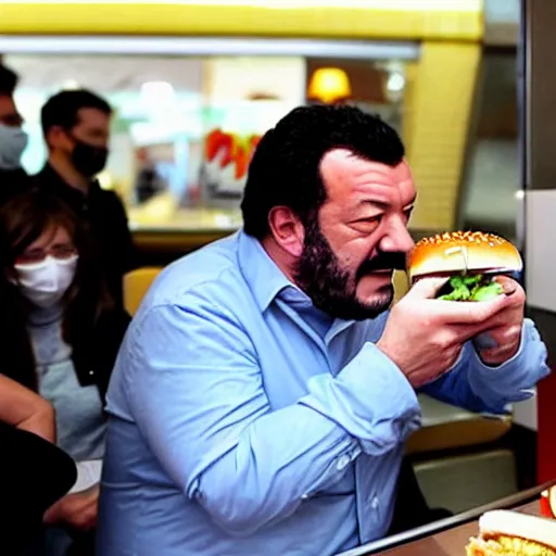 Prompt: Matteo Salvini eating a burger at McDonald’s, photograph, paparazzi