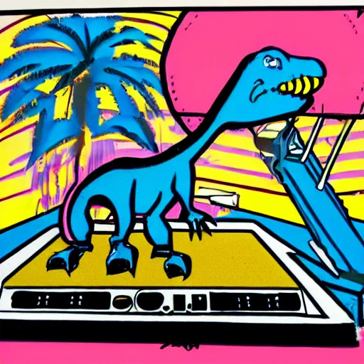 Prompt: 80s graffiti art style marker drawing of a dinosaur holding a synthesizer standing on a large speaker