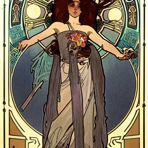 Prompt: a beautiful female necromancer surrounded by skulls by Alphonse Mucha