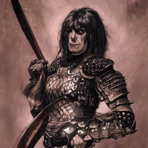 Image similar to portrait of a waifish punk goth wearing armor and holding sword by frank fazetta, fantasy, barbarian