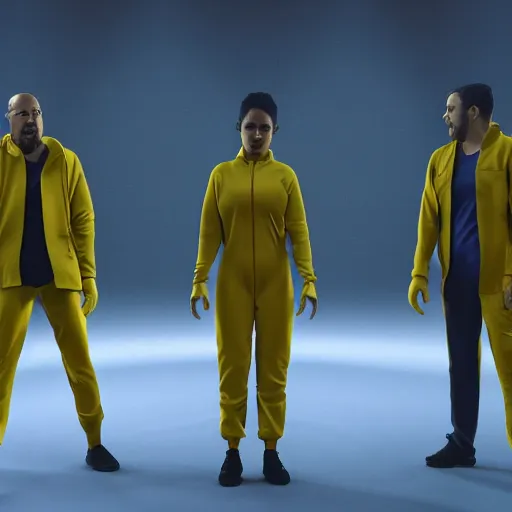 Prompt: futuristic world with people wearing yellow jump suits, 8 k resolution, cinematic lighting, anatomically correct