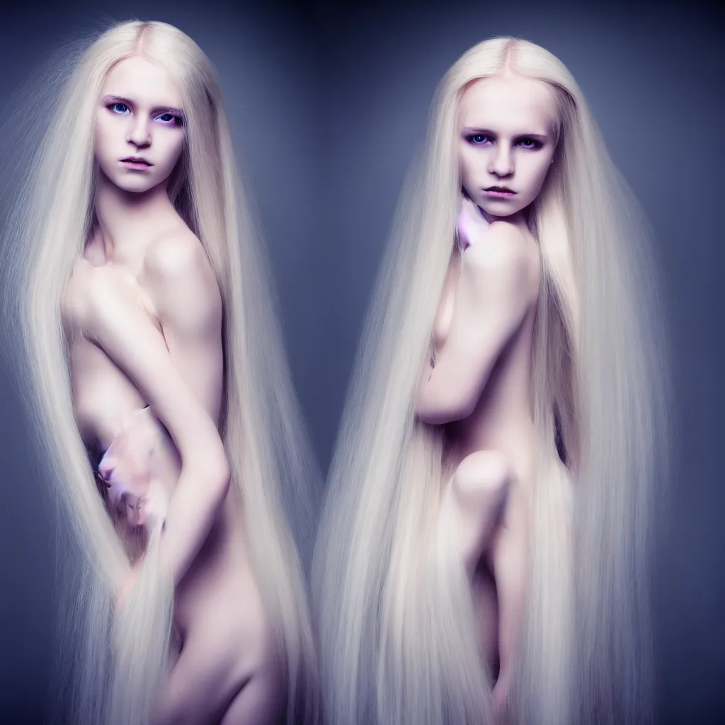 Image similar to photo portrait of a young woman with long blond hair dressed in long white, fine art photography light painting in style of Paolo Roversi, professional studio lighting, dark background, hyper realistic photography, fashion magazine style