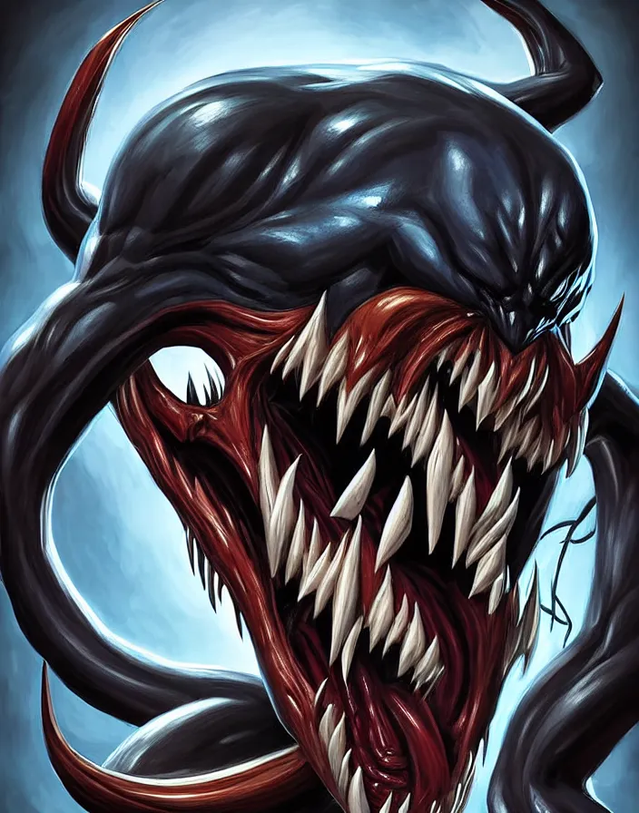 Image similar to fantastic comic cover of venom, lethal protector, muscles, muscular, veins, open mouth, angry, saliva, bigh sharp teeths, large thong, artstation, 3 d hammer modeling, hd, sharp high quality artwork in style of francesco di mattina, marko djurdjeviv, concept art, blizzard warcraft artwork, hearthstone card artwork