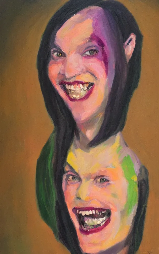 Image similar to portrait of gwynplaine freakish grin, award winning oil painting, sharp color palette