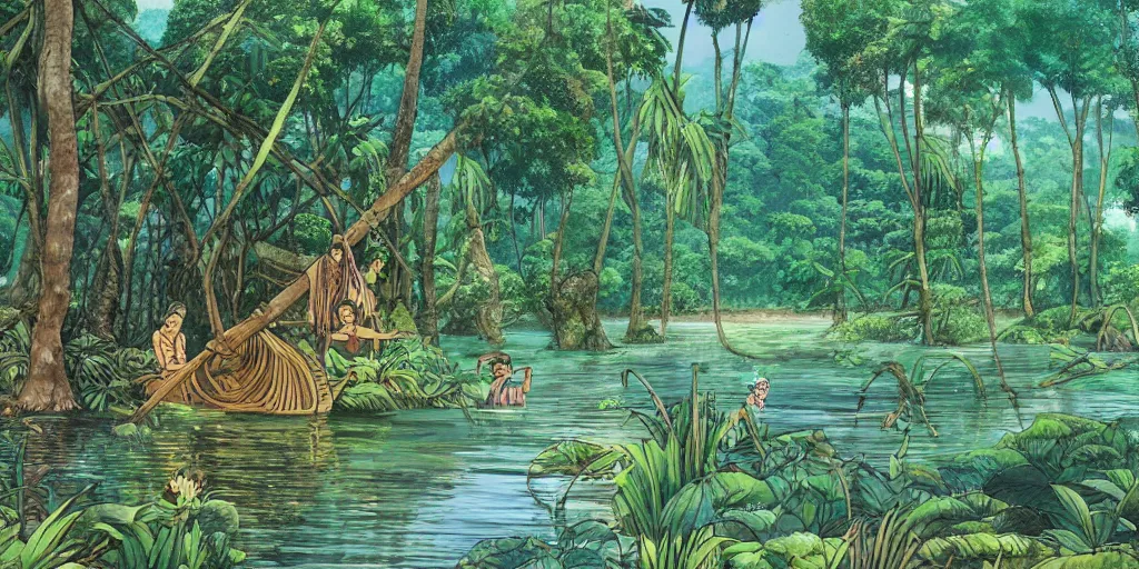 Image similar to sri lankan river in a jungle, drawn by hayao miyazaki