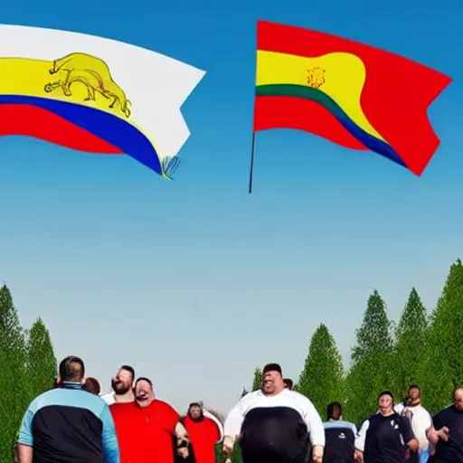 Image similar to a group of obese men walking through a street, the romanian flag is in the background in the sky, hyper realistic, very detailed.