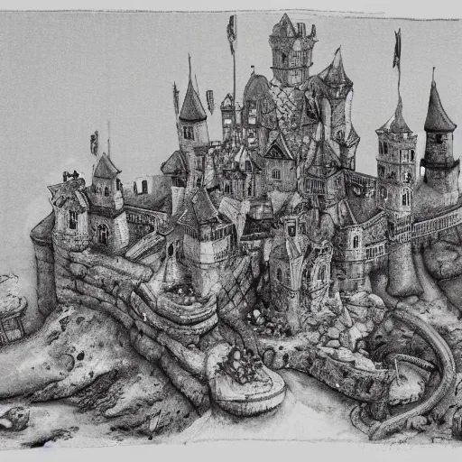 Image similar to A fascinating and detailed description of a medieval castle under siege , by Maurice Sendak and Takashi Murakami, trending on ArtStation, cgsociety, trending on 500px, deviantart