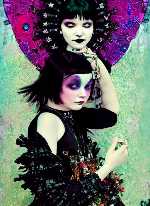 Prompt: cute punk goth fashion fractal young Bjork posing by Zhang Jingna, poster art by Hannah Höch Victor Moscoso Dan Mumford Kilian Eng Hannah Jeffrey Smith Rick Griffin Alphonse Mucha Gustav Klimt Ayami Kojima Amano Charlie Bowater, violet and black