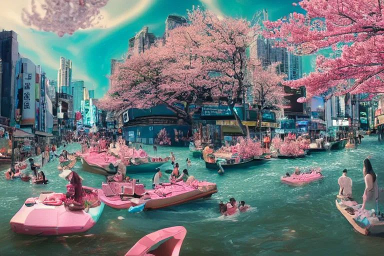 Prompt: floating markets of times square river in kyoto kamo turquoise and pink river during sakura season on thermal waters flowing down white travertine terraces during interstellar aurora borealis, gold waterfalls, vendors, festivals, fun, by peter mohrbacher, james jean, james gilleard, greg rutkowski, vincent di fate, rule of thirds, octane render, beautiful landscape