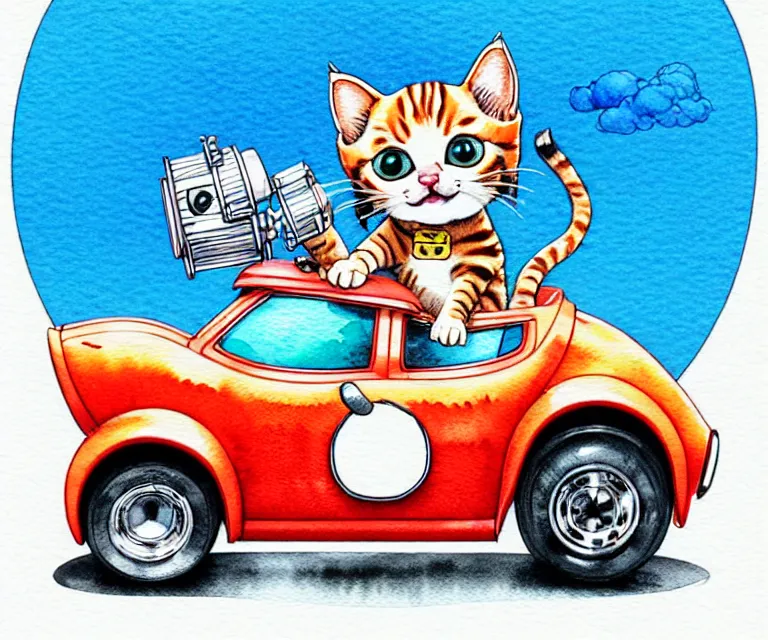 Image similar to cute and funny, kitten wearing a helmet riding in a tiny hot rod with an oversized engine, ratfink style by ed roth, centered award winning watercolor pen illustration, isometric illustration by chihiro iwasaki, edited by range murata, tiny details by artgerm and watercolor girl, symmetrically isometrically centered, sharply focused