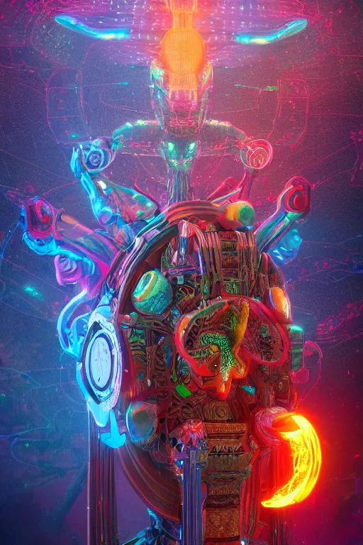 Image similar to a shamanic god made from colorful intricate alien technology in futuristic dreamscape detailed artwork, extremely detailed and high quality, global illumination, octane render, digital art trending on artstation