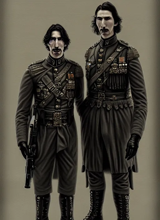 Prompt: a portrait of john oliver and adam driver posing together, stoic, military uniform, fantasy, intricate, elegant, beautiful, highly detailed, charcoal, centered, dark, smokey, digital painting, artstation, concept art, smooth, sharp focus, illustration, art style by klimt and nixeu and ian sprigger and wlop and krenz cushart