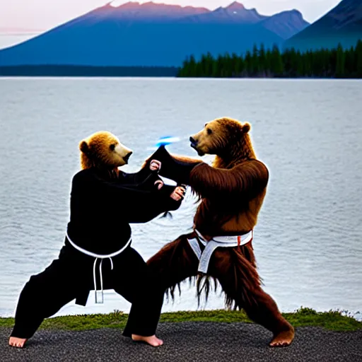 Image similar to kodiak bears kung - fu fighting with lightsabers on a lakefront, dusk,