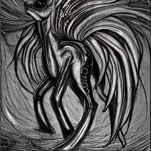 Image similar to detailed illustration of my little pony in the style of h r giger and wayne barlowe and junji ito