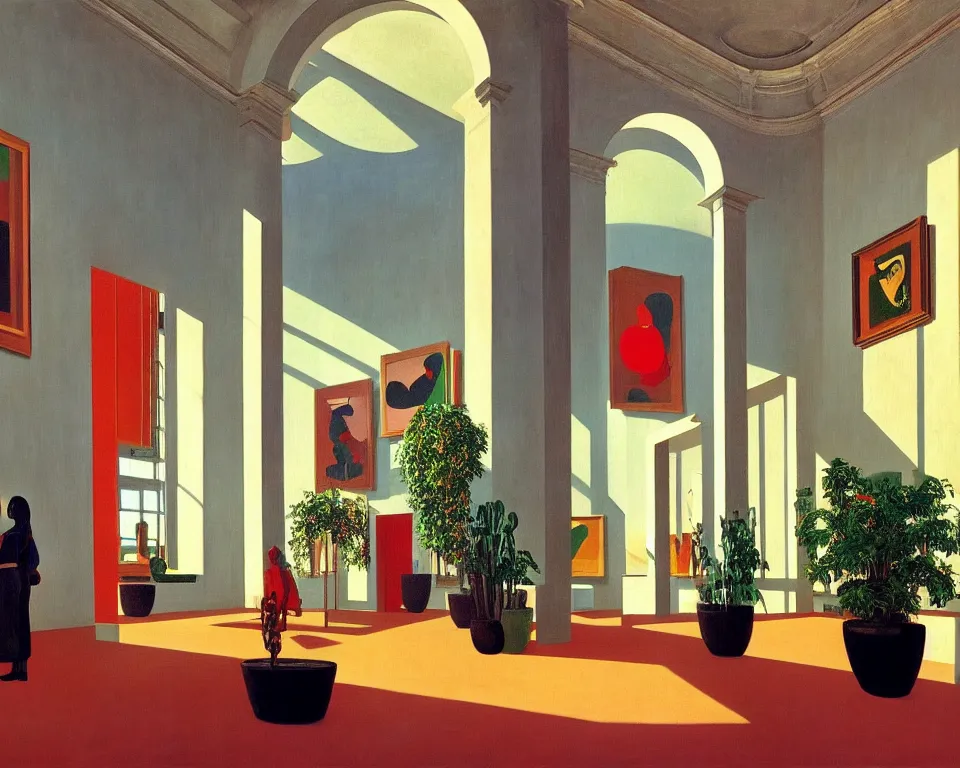 Prompt: an achingly beautiful print of the interior of a modern art museum with vibrant paintings along the walls, classical antiquities on display, and small potted plants by Raphael, Hopper, and Rene Magritte. detailed, romantic, enchanting, trending on artstation.