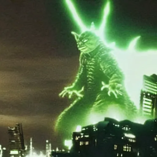 Image similar to movie still of godzilla yoda yoda destroying tokyo in the new movie