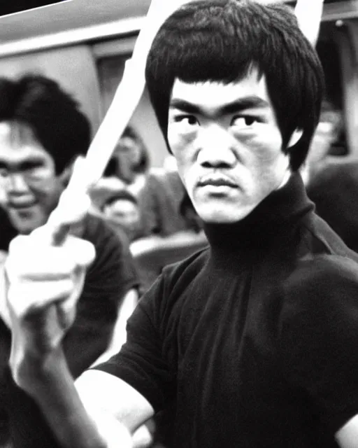 Prompt: bruce lee demonstrates using his nunchucks while riding a subway train