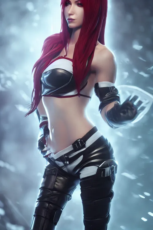 Image similar to Katarina from League of Legends, photorealistic full body, studio lighting, unreal engine 5, hyperrealistic, dynamic lighting, white ambient background, realistic, highly detailed