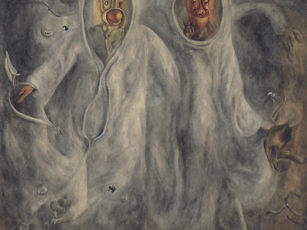 Image similar to close up portrait of man in white beekeeper suit with a surreal impossible creature from codex. painting by leonora carrington