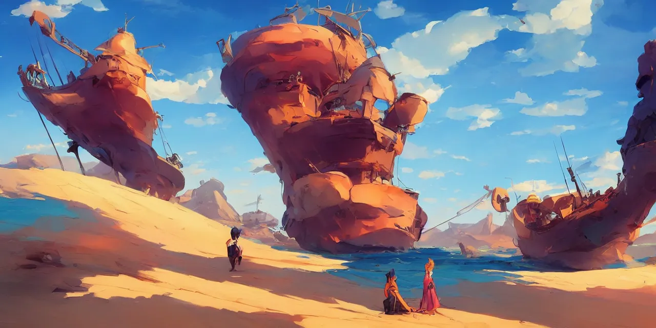 Prompt: blue desert with pirate ship in the sky, official fanart behance hd artstation by jesper ejsing, by rhads, makoto shinkai and lois van baarle, ilya kuvshinov, ossdraws