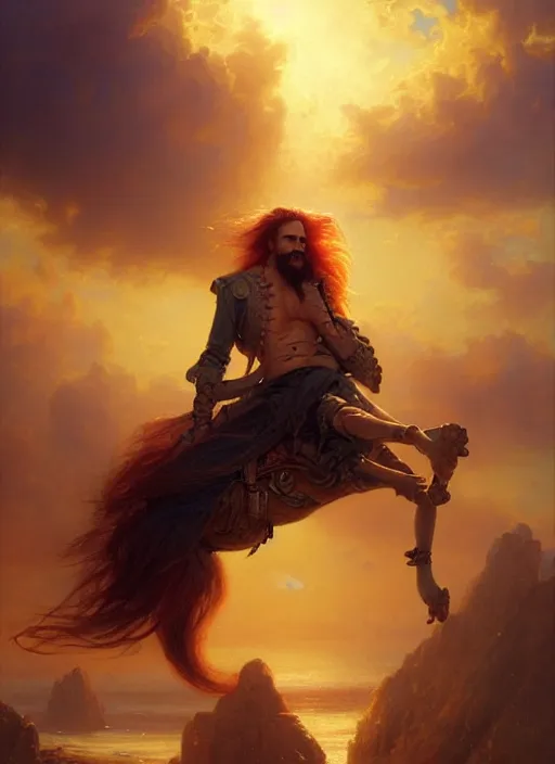 Prompt: portrait painting of a handsome rugged long hair crimson hair male pirate, soft hair steampunk ornate zeppelin in the sky sunset golden hour art by greg rutkowski gaston bussiere fantasy soft hair trending on artstation deviantart book cover art concept art key art dramatic volumetric lighting, 4 k, award winning