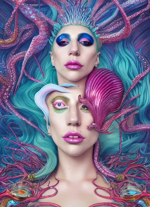 Image similar to lady gaga mermaid, deep ocean : : by martine johanna and simon stalenhag and chie yoshii and casey weldon and wlop : : ornate, dynamic, particulate, rich colors, intricate, elegant, highly detailed, vogue, harper's bazaar art, fashion magazine, smooth, sharp focus, 8 k, octane render,