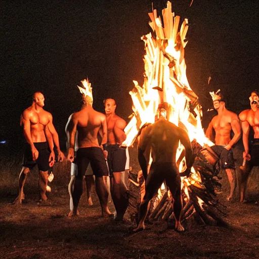 Image similar to bodybuilders stand around a bonfire, eating protein, protein! protein! protein!, photograph, by christopher bailey