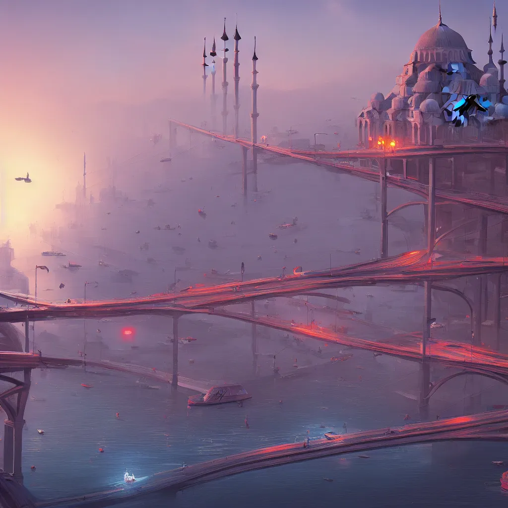 Image similar to a cinematic scene from istanbul bridge, concept art by nick ford and sylvain sarrailh,