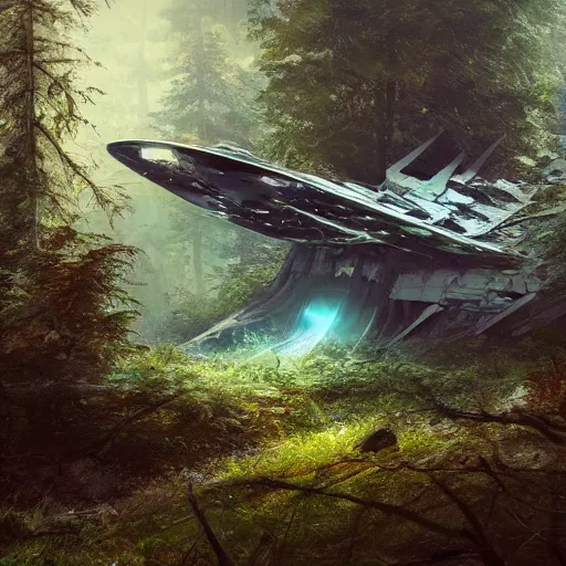 Image similar to a giant space ship crashed in an overgrown forest viewed from the sky by Marek Okon, god rays, fantasy art, 4k, HDR, photorealistic, 8k, trending on artstation