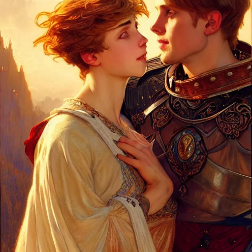 Image similar to attractive arthur pendragon and his favourite attractive knight, they are in love, camelot, natural lighting, path traced, highly detailed, high quality, digital painting, by gaston bussiere and ross tran and j. c. leyendecker and alphonse mucha