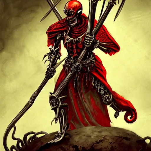 Image similar to concept art of skeleton holding a medieval shield and spear, d & d surrounded by red evil death tentacles, hyper detailed, hyper realistic, dark atmosphere, full body, full frame in the style of frank frazetta