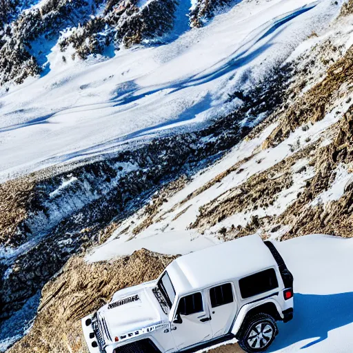 Image similar to white jeep wrangler driving up steep snowy mountain ridge on edge of a cornice, dramatic lighting, cinematic, photo realism