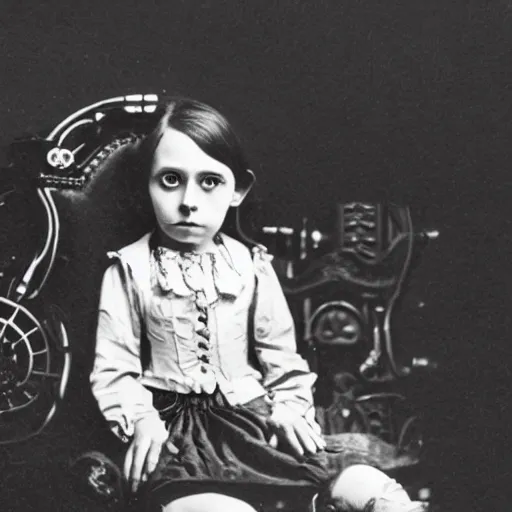 Image similar to a photo of young sad victorian gothic child with big eyes and wide grin sitting on a sofa of bones surrounded by a cyber futuristic cityscape made of human body parts, lighting, 5 0 mm, perfect faces