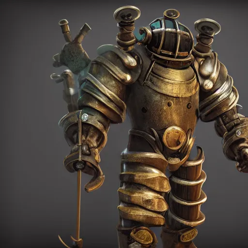 Prompt: a man wearing heavy nautical armor, Bioshock inspired, Realistic octane render, high detail