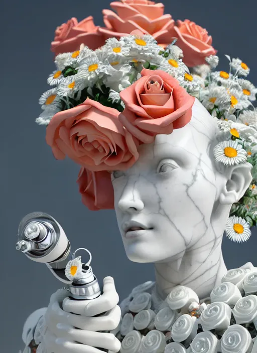 Prompt: biomechanical white marble statue made of corals, daisies, roses, well contoured smooth fair walls spraying perfume bottle, up close shot, sharp focus, global illumination, radiant light, alexandre ferra white mecha, irakli nadar, octane highly render, 4 k, ultra hd,