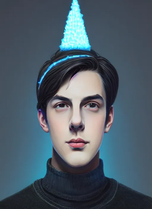 Prompt: portrait of teenage jughead jones wearing a light grey crown, crown, blue turtleneck, closed eyes, photorealistic, black hair, glowing lighting, intricate, elegant, glowing lights, highly detailed, digital painting, artstation, concept art, smooth, sharp focus, illustration, art by wlop, mars ravelo and greg rutkowski