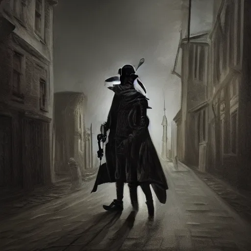 Prompt: a plague doctor walks through a Victorian city, dark atmosphere, detailed, dark Colors