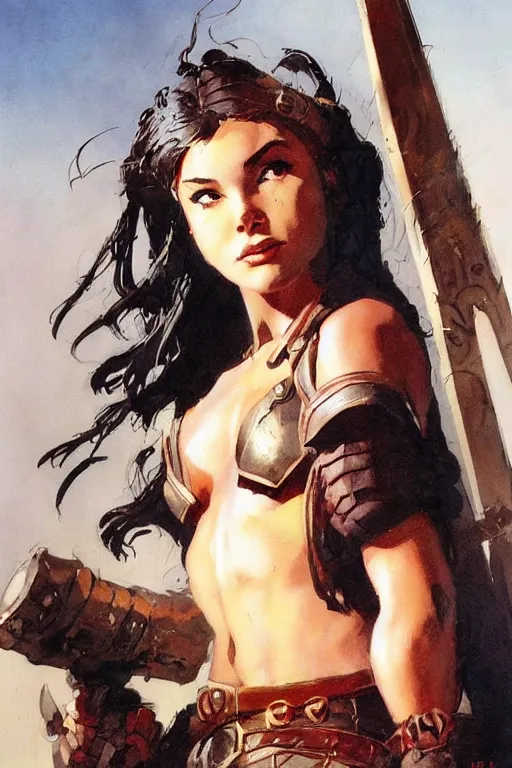 Image similar to a portrait of a cute warrior girl by frank frazetta and ross tran