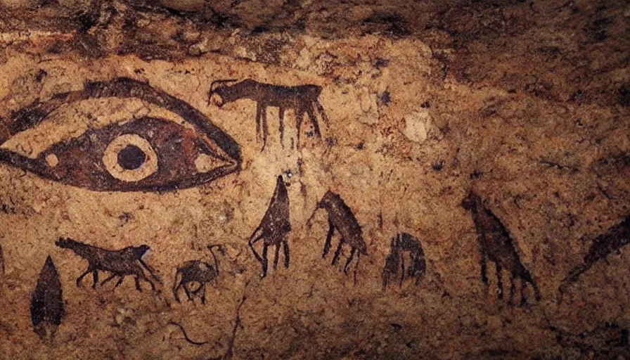 Prompt: neolithic cave painting of one eyed creatures called patapons, 4 k, history channel, psp, japan studio game, art by rolito, high quality