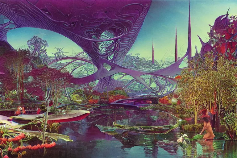 Image similar to oil painting, super - detailed scene of utopian floating zaha hadid city, cyberpunk garden, solarpunk, bioluminescent cyber - garden, japanese sci - fi books art, artwork by jean giraud and zdzislaw beksinski and alphonse mucha and hr giger, hd, 4 k, high quality