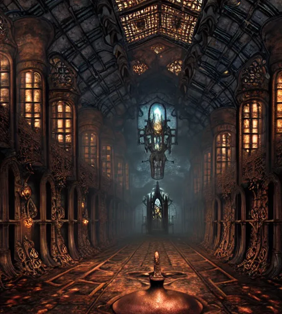 Image similar to steam necropolis, memento mori, gothic, neo - gothic, art nouveau, hyperdetailed copper patina medieval icon, stefan morrell, philippe druillet, ralph mcquarrie, concept art, steampunk, unreal engine, detailed intricate environment, octane render, moody atmospherics, volumetric lighting, ultrasharp, ominous, otherworldly