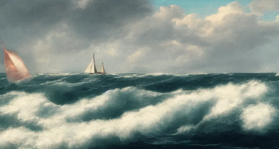 Image similar to ocean landscape with stormy waves and a sailboat in the foreground and a shining island in the background