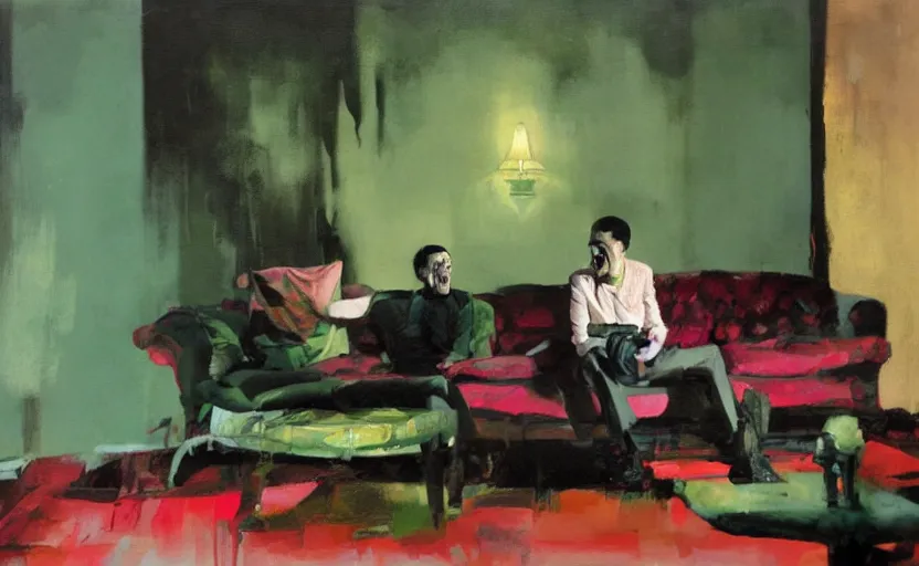 Image similar to a thin man screams at a telephone beside a sofa in a dark living room, painted by phil hale and rick berry and jeremy mann, pink and green, highly detailed
