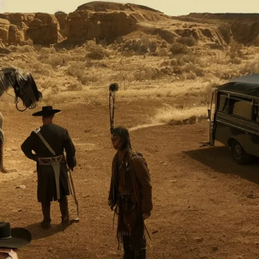 Image similar to screenshot of the lone ranger walking ont a tv film set with a film crew, behind the scenes, 2 4 mm lens, directed by wince mcstevens, tense scene, moody dramatic light