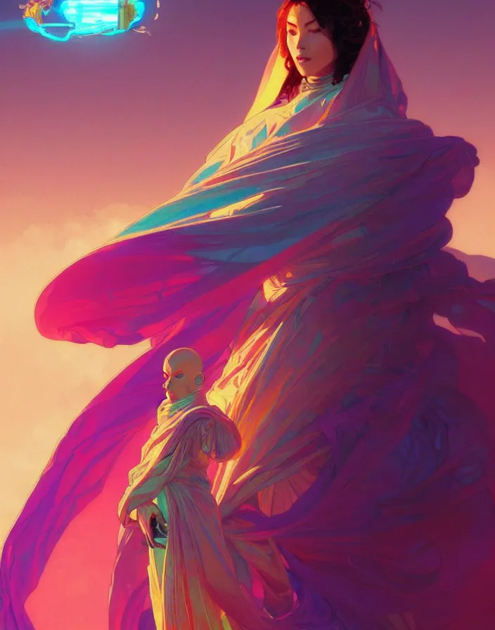 Prompt: a robot monk wearing a flowing cloak, vaporwave aesthetic, colorful, psychedelic, digital painting, artstation, concept art, smooth, sharp focus, illustration, art by artgerm and greg rutkowski and alphonse mucha