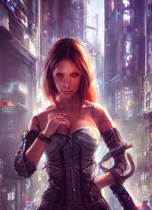 Image similar to a beautiful woman walking through a cyberpunk city, full body, realistic, highly detailed, science fiction portrait by laura sava