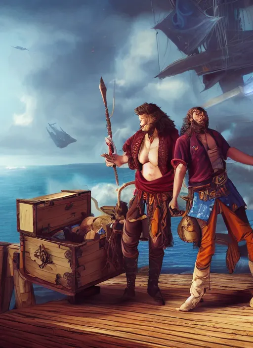 Image similar to an epic fantasy comic book style portrait painting of two bumbling idiot sky - pirates on the deck of a skyship looking at a chest, unreal 5, daz, hyperrealistic, octane render, cosplay, rpg portrait, dynamic lighting