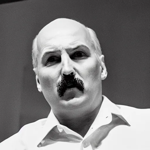 Image similar to Alexander Lukashenko as the American Psycho, staring psychopathically, sweating hard, cinematic still